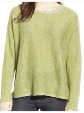 Eileen Fisher 100% Organic Linen Lightweight Pullover Crew Neck Sweater Green